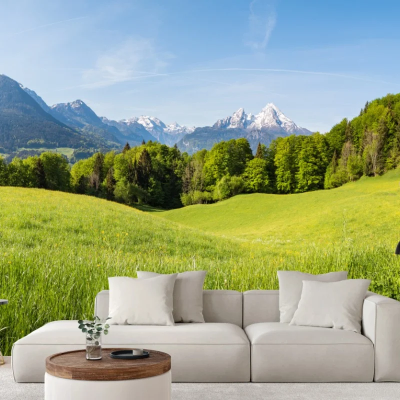 Fototapeta spokojna alpejska łąka w panoramie