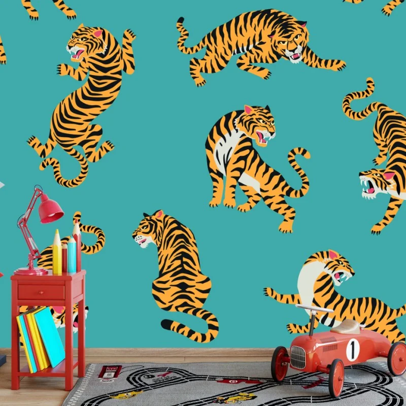 Fototapeta stylizowany motyw tygrysa na turkusowym tle