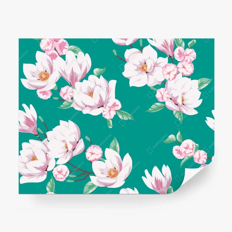 Fototapeta pastelowy wzór magnolii na turkusowym tle