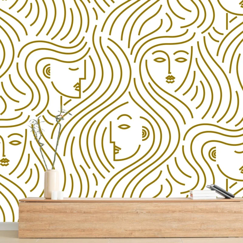 Fototapeta złote fale i abstrakcyjne twarze bezszwowy wzór