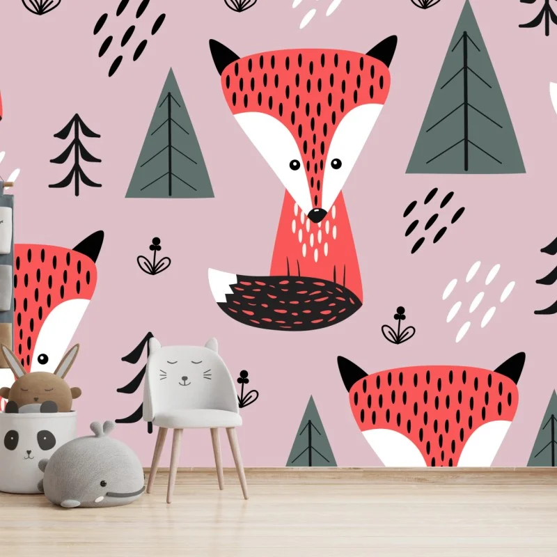 Fototapeta zabawny wzór z lisami w lesie