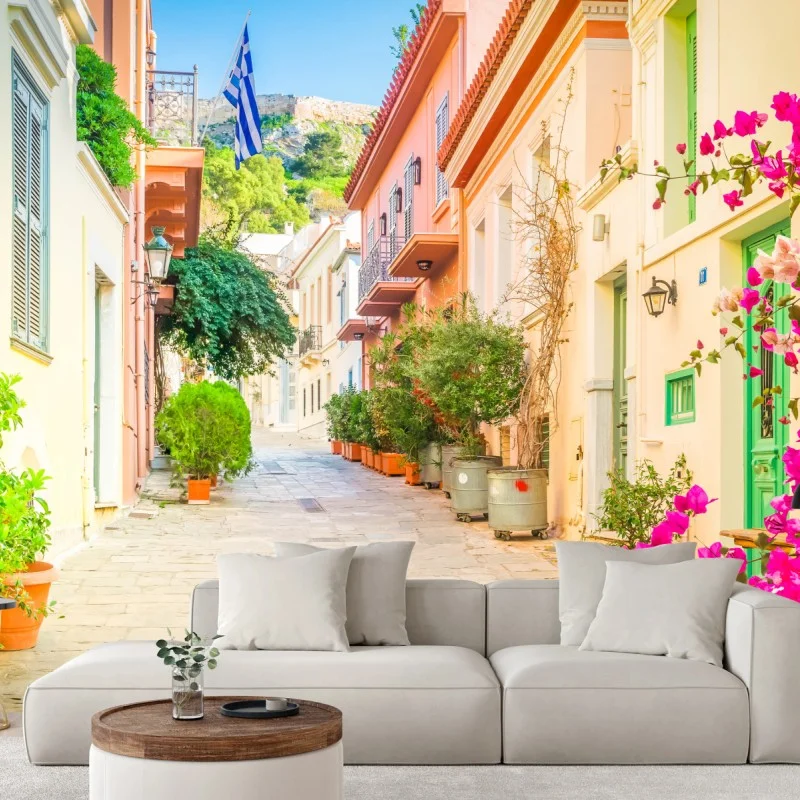 Fototapeta słoneczna grecka uliczka z bougainvilleą