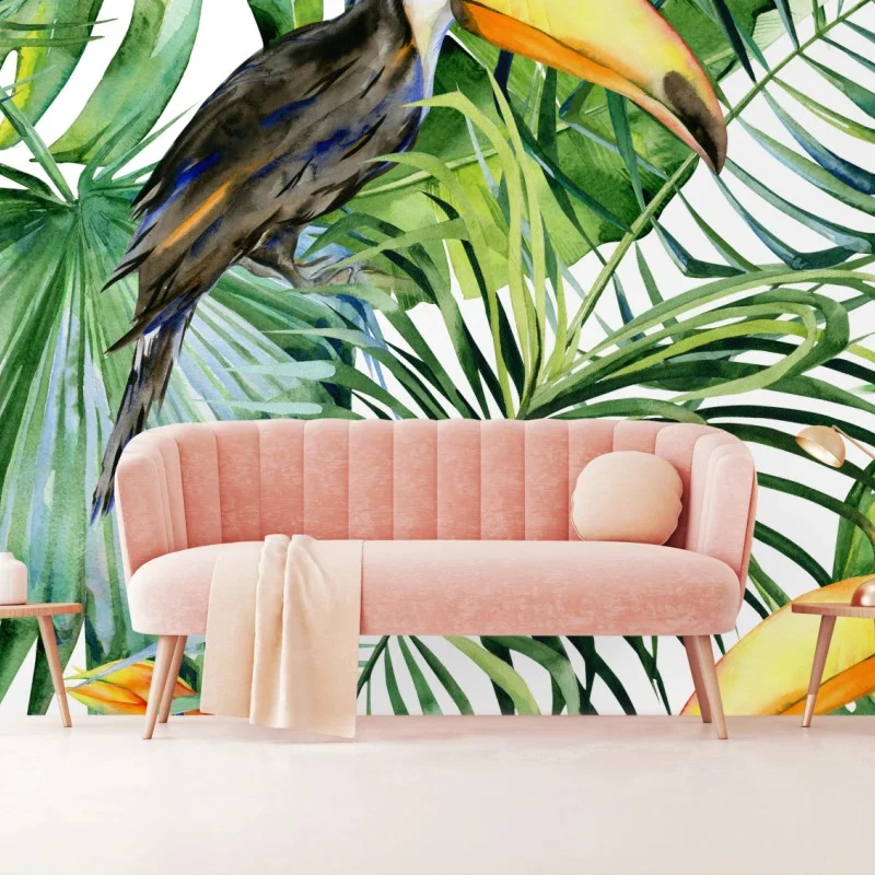 Fototapeta akwarelowy tukan w tropikalnym wzorze