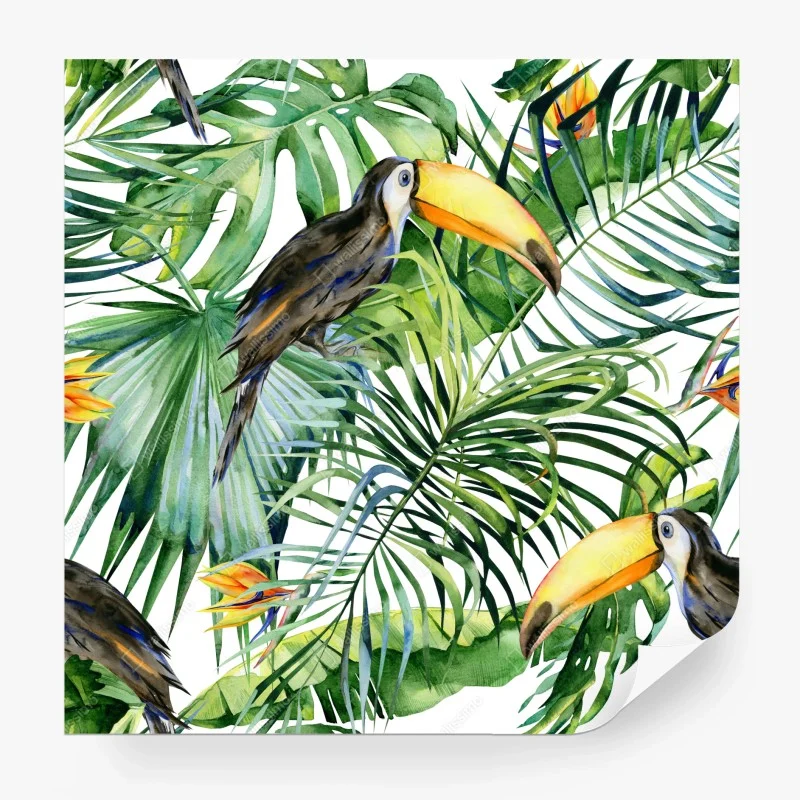 Fototapeta akwarelowy tukan w tropikalnym wzorze