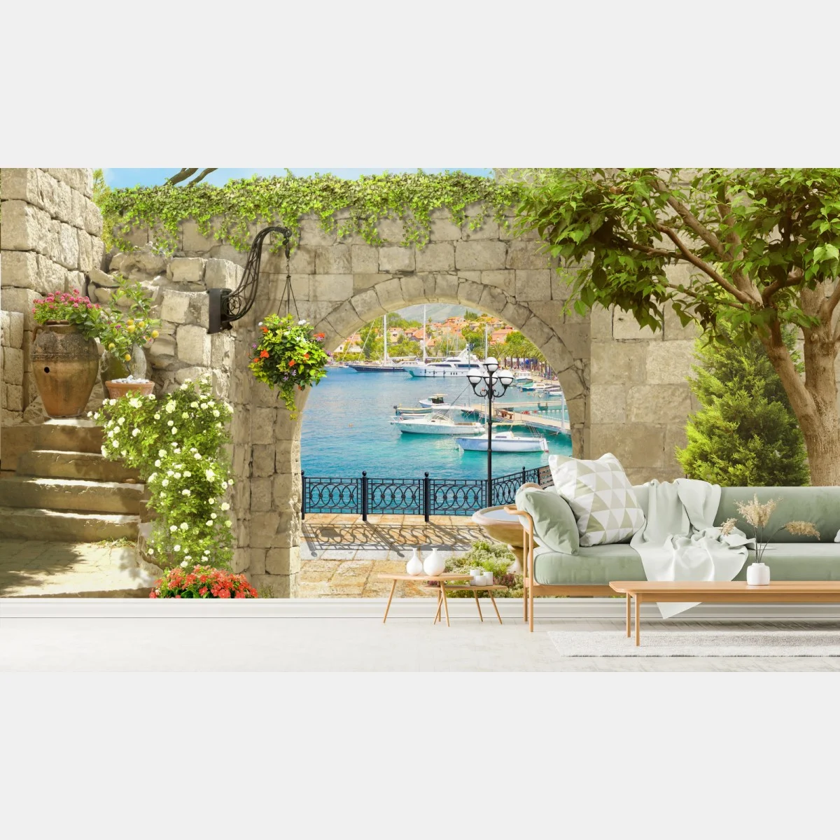 Fototapeta śródziemnomorski widok przez arkadę – Wallissimo® Fototapeta śródziemnomorski widok przez arkadę – Wallissimo®