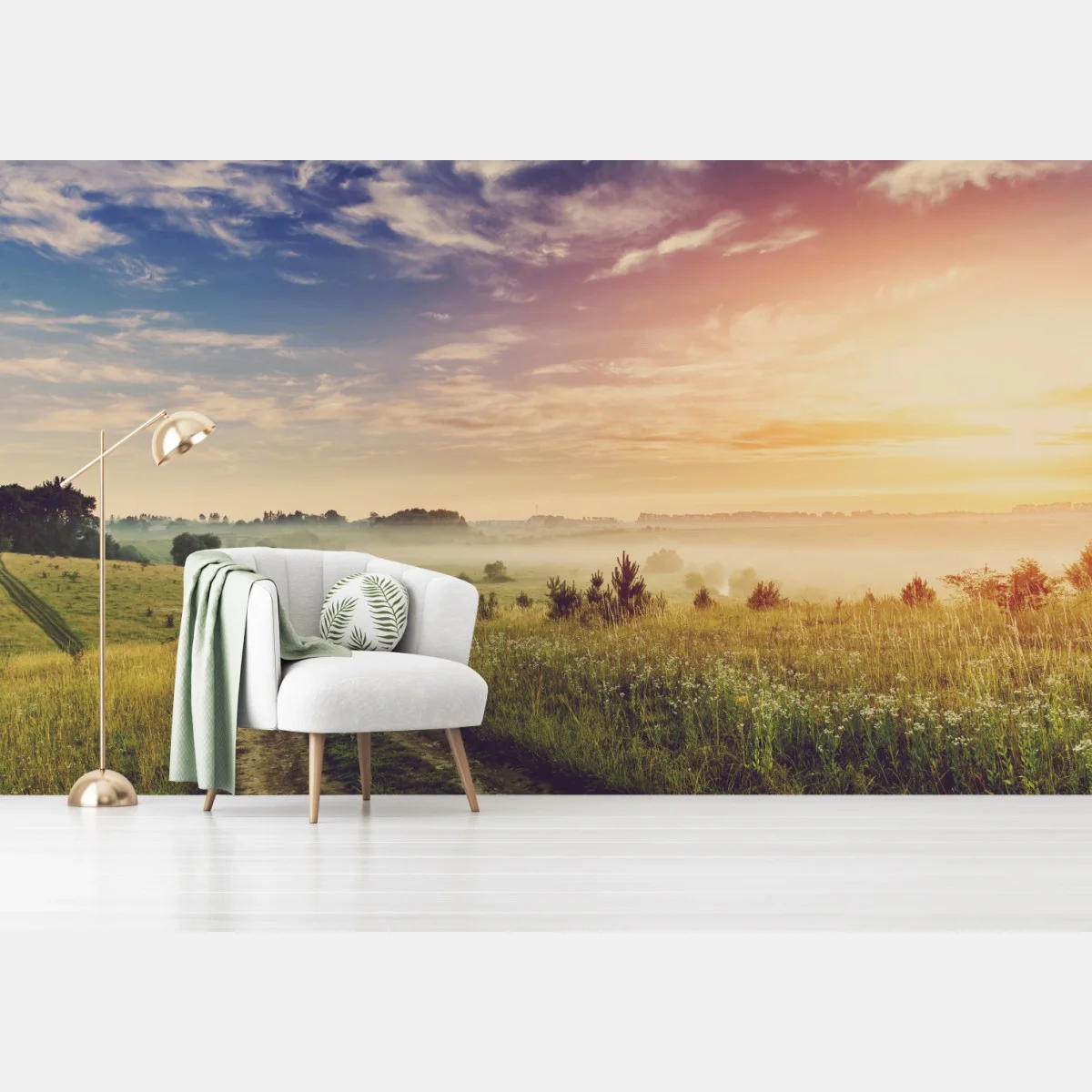 Fototapeta mglisty wschód słońca nad wiejską łąką – Wallissimo® Fototapeta mglisty wschód słońca nad wiejską łąką – Wallissimo®