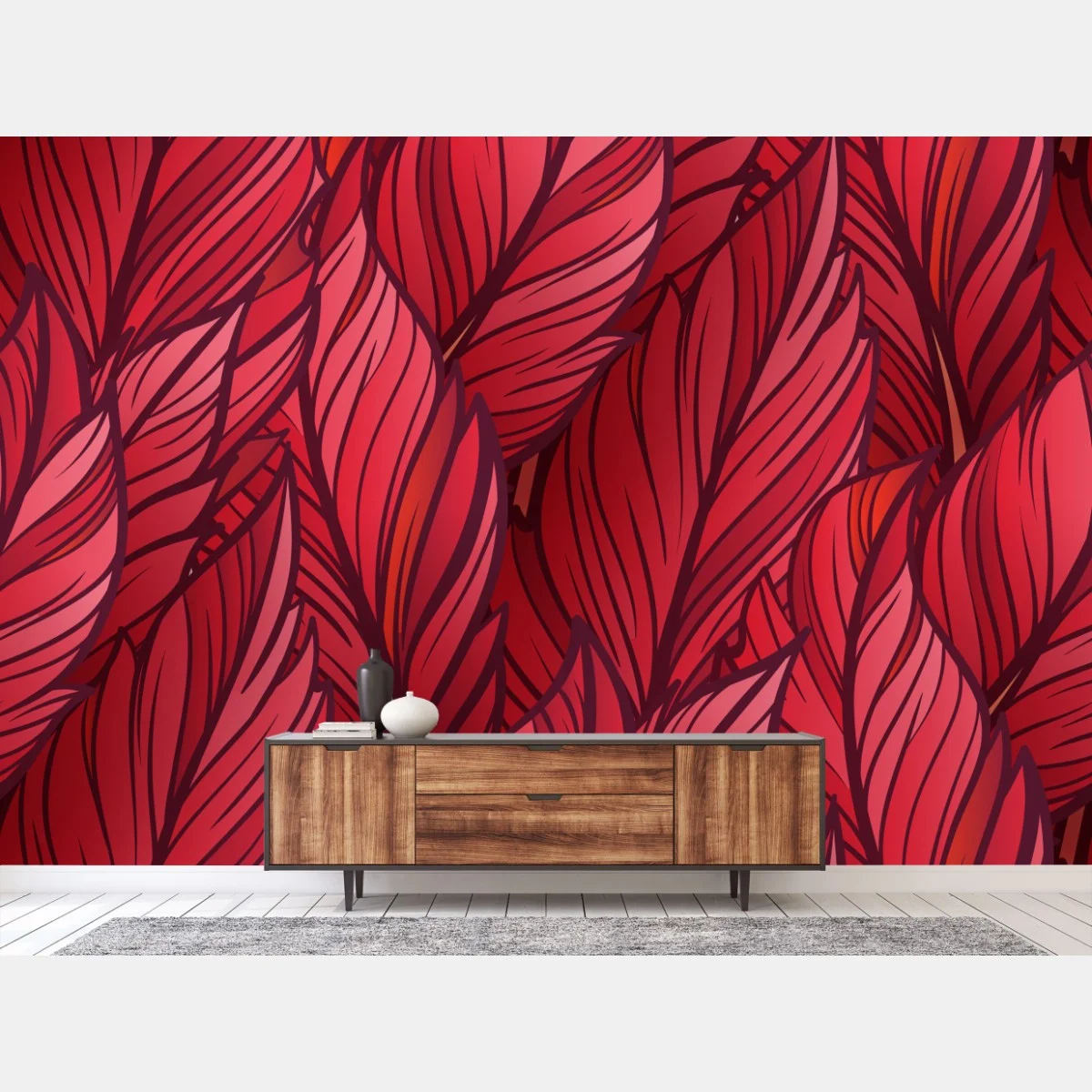 Fototapeta czerwony botaniczny wzór liści – Wallissimo® Fototapeta czerwony botaniczny wzór liści – Wallissimo®