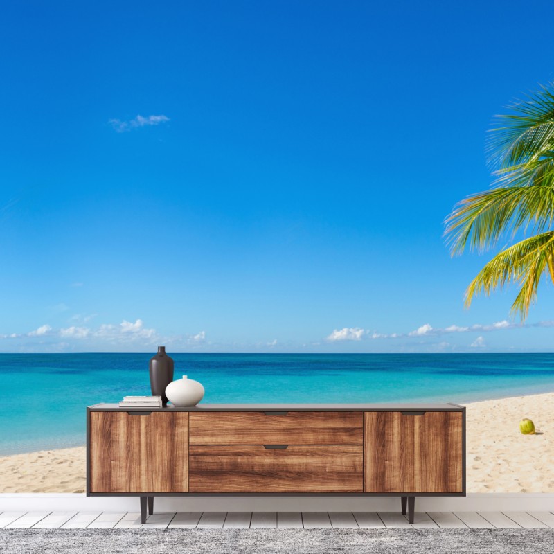 Fototapeta tropikalna plaża z turkusową wodą i palmą