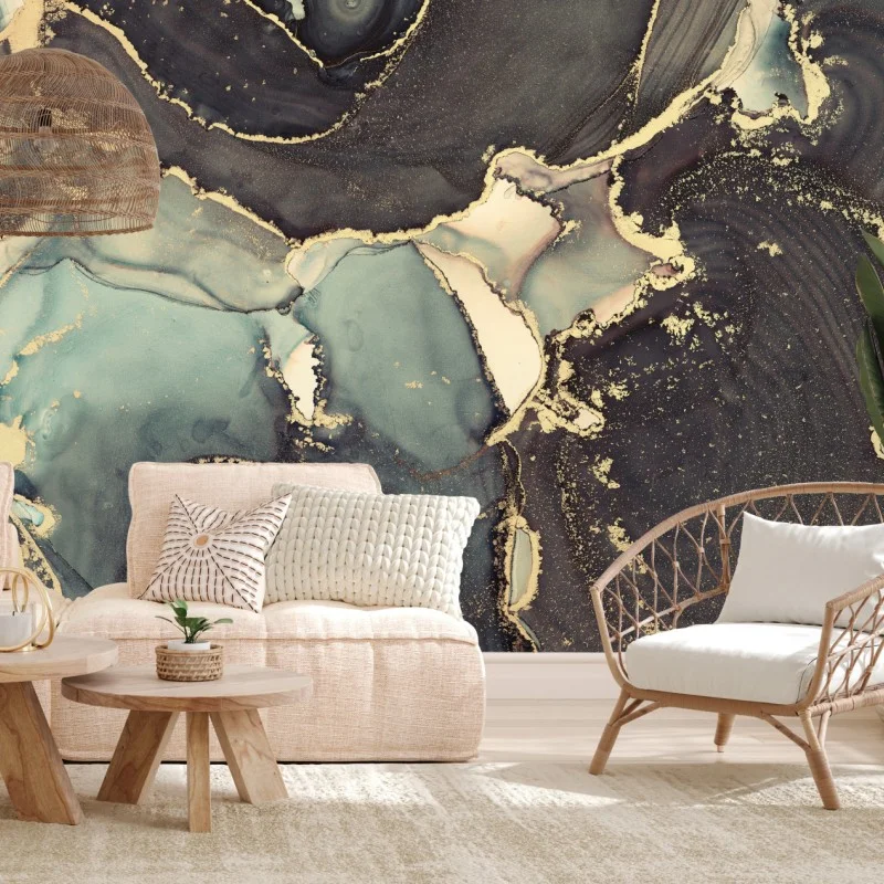 Fototapeta turkusowo-złota abstrakcja w technice alcohol ink