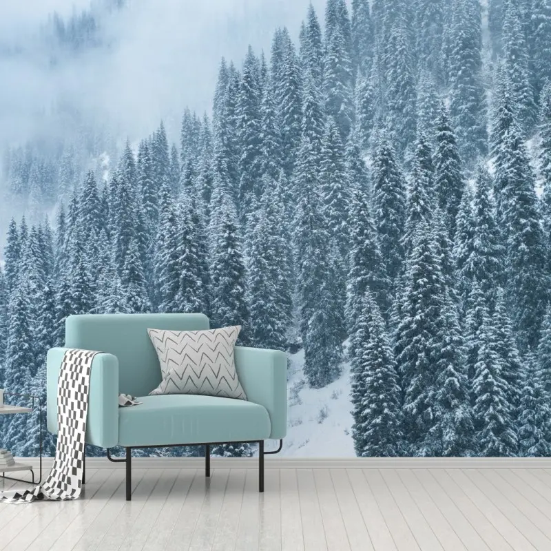 Fototapeta mglisty ośnieżony las sosnowy