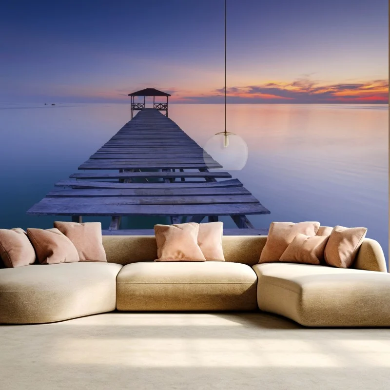 Fototapeta spokojne drewniane molo o zachodzie słońca