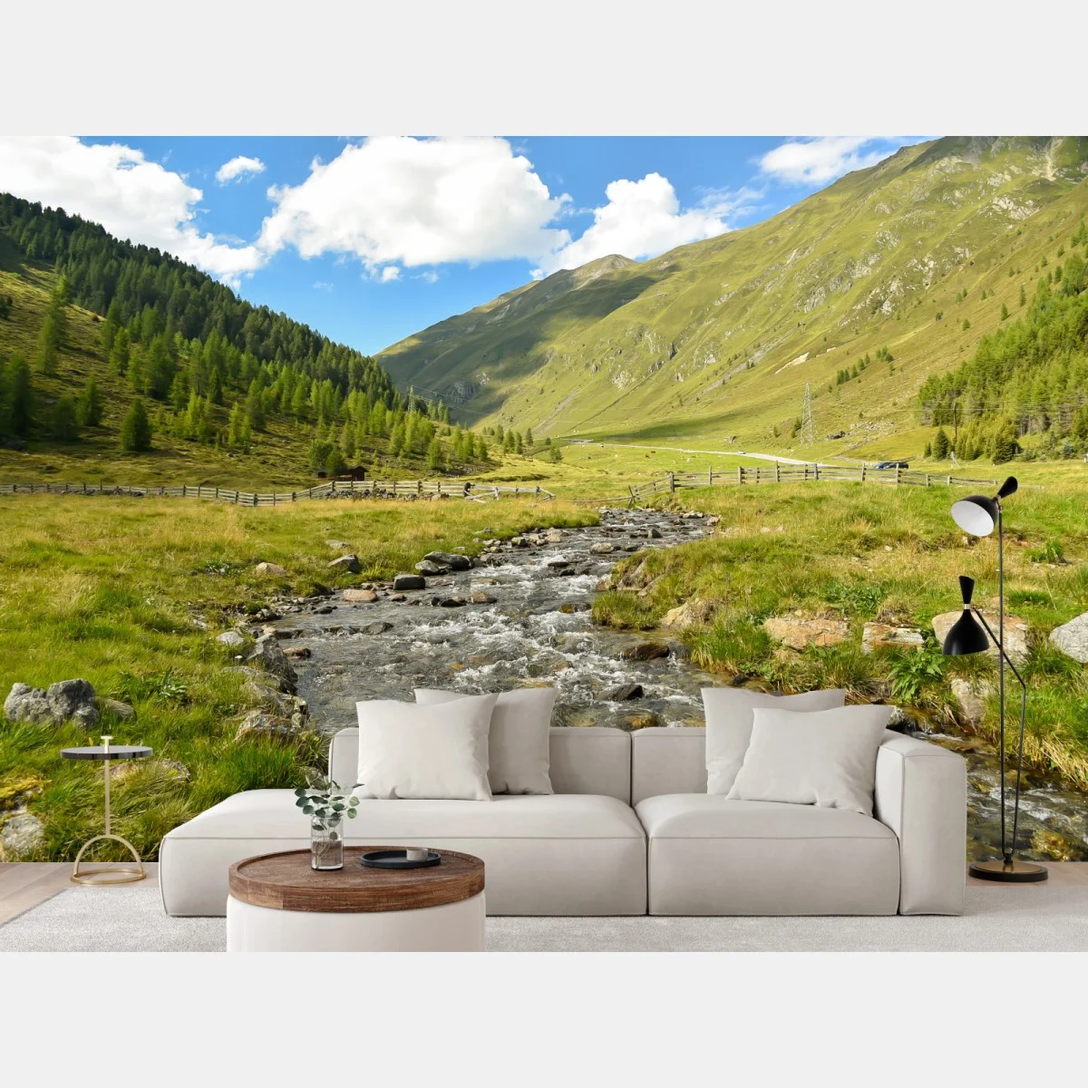Fototapeta alpejski strumień w słonecznej dolinie – Wallissimo® Fototapeta alpejski strumień w słonecznej dolinie – Wallissimo®