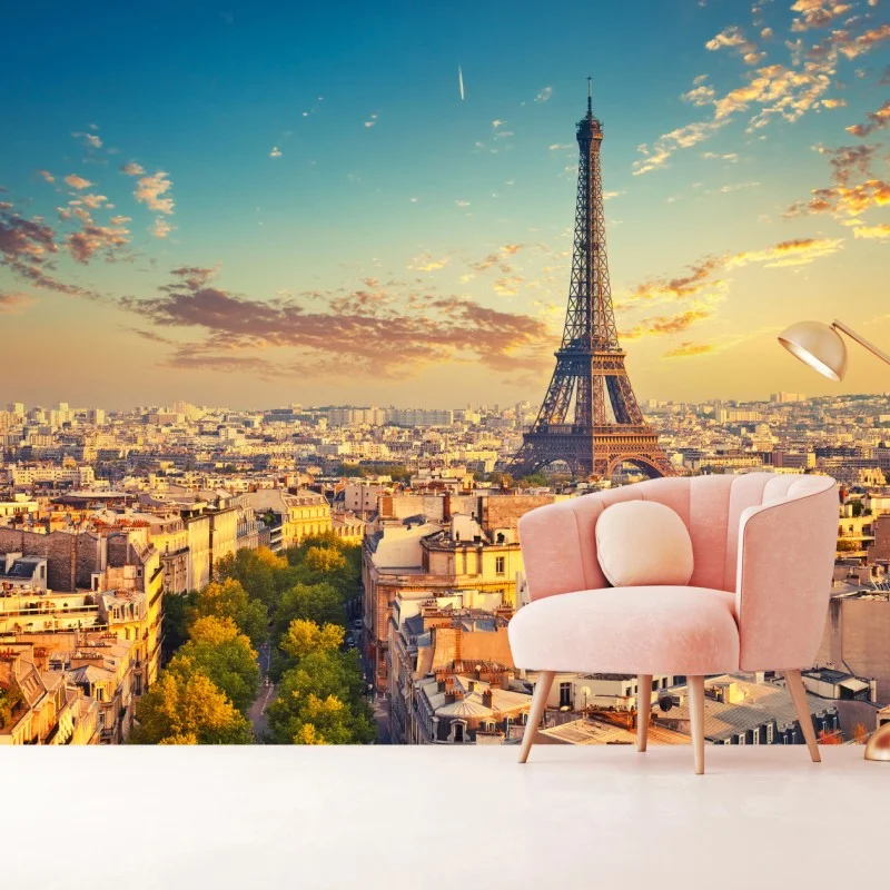 Fototapeta zachód słońca nad panoramą Paryża z Wieżą Eiffla