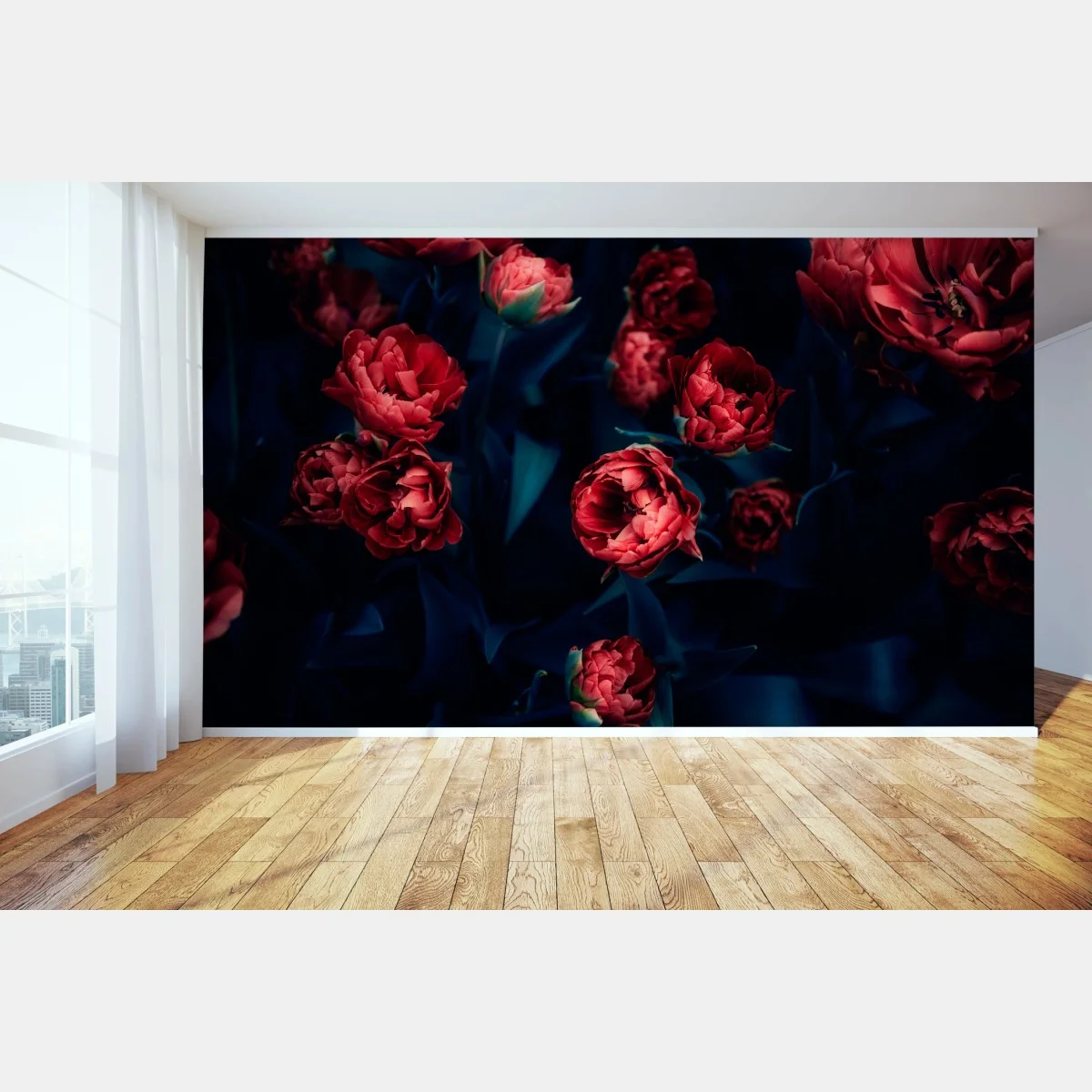 Fototapeta ponury bukiet czerwonych tulipanów – Wallissimo® Fototapeta ponury bukiet czerwonych tulipanów – Wallissimo®