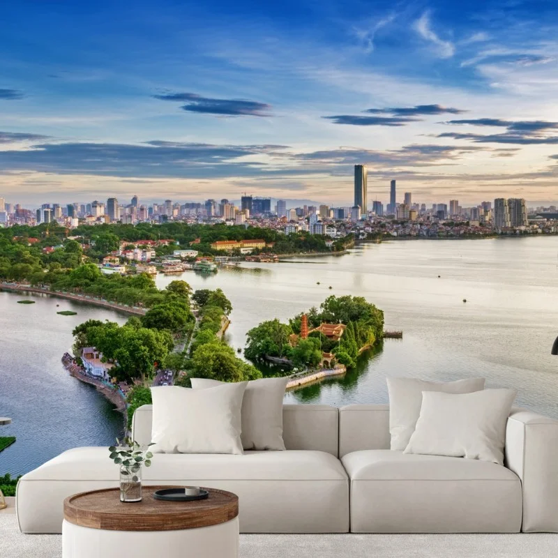 Fototapeta spokojna miejska panorama nad jeziorem