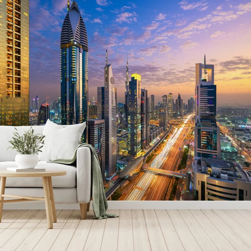 Fototapeta panorama Dubaju o zmierzchu – Wallissimo® Fototapeta panorama Dubaju o zmierzchu – Wallissimo®