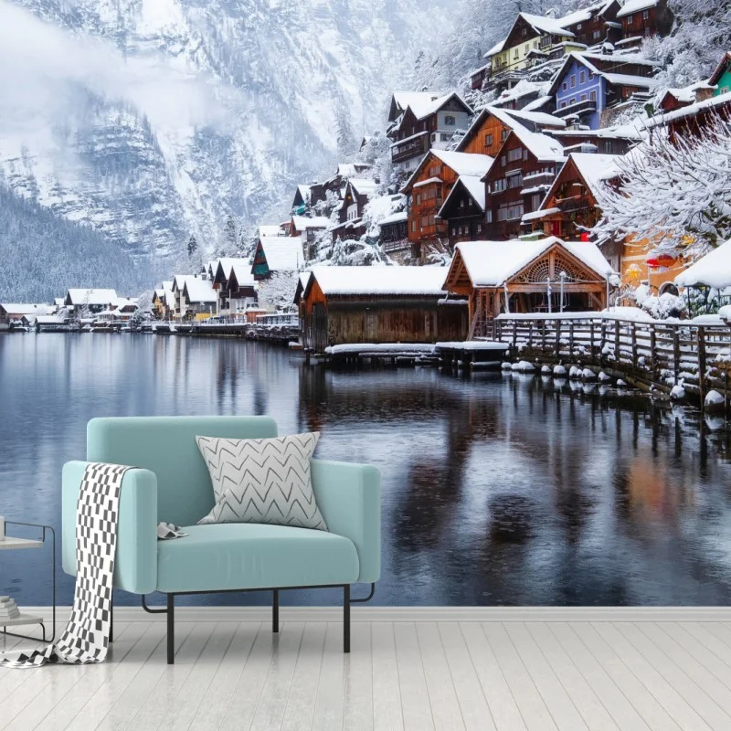Fototapeta śnieżna wieś Hallstatt nad jeziorem