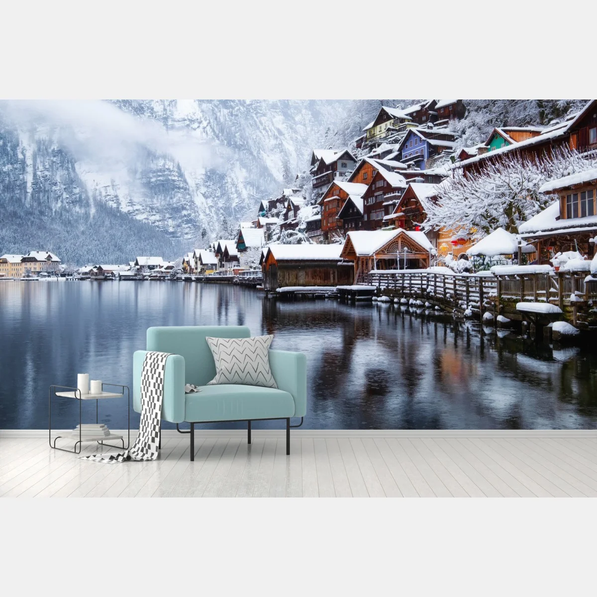 Fototapeta śnieżna wieś Hallstatt nad jeziorem – Wallissimo® Fototapeta śnieżna wieś Hallstatt nad jeziorem – Wallissimo®