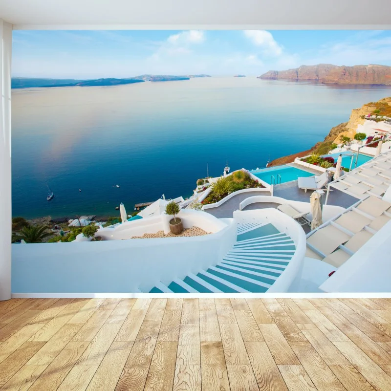 Fototapeta Santorini widok na morze z tarasu