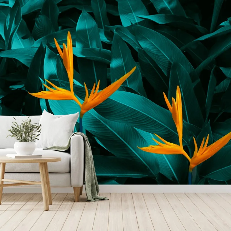 Fototapeta tropikalna strelicja na turkusowych liściach