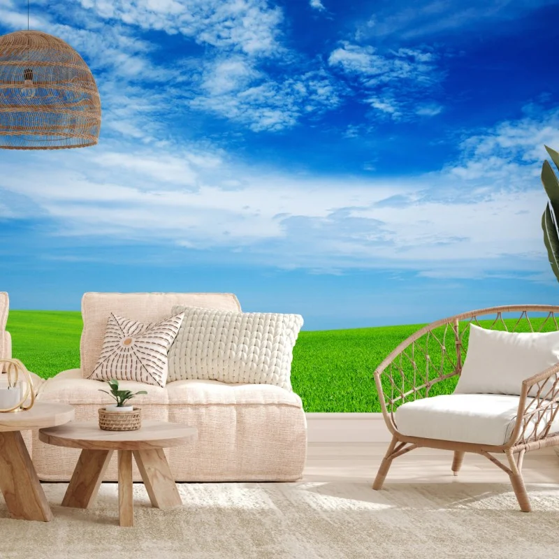 Fototapeta zielona łąka pod błękitnym niebem