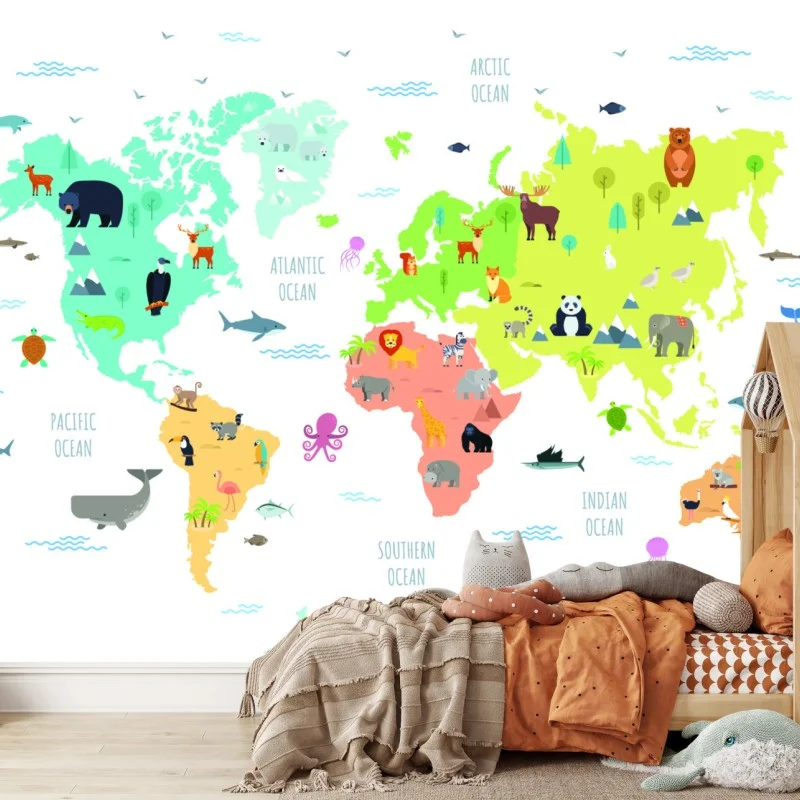 Fototapeta ilustrowana mapa świata ze zwierzętami