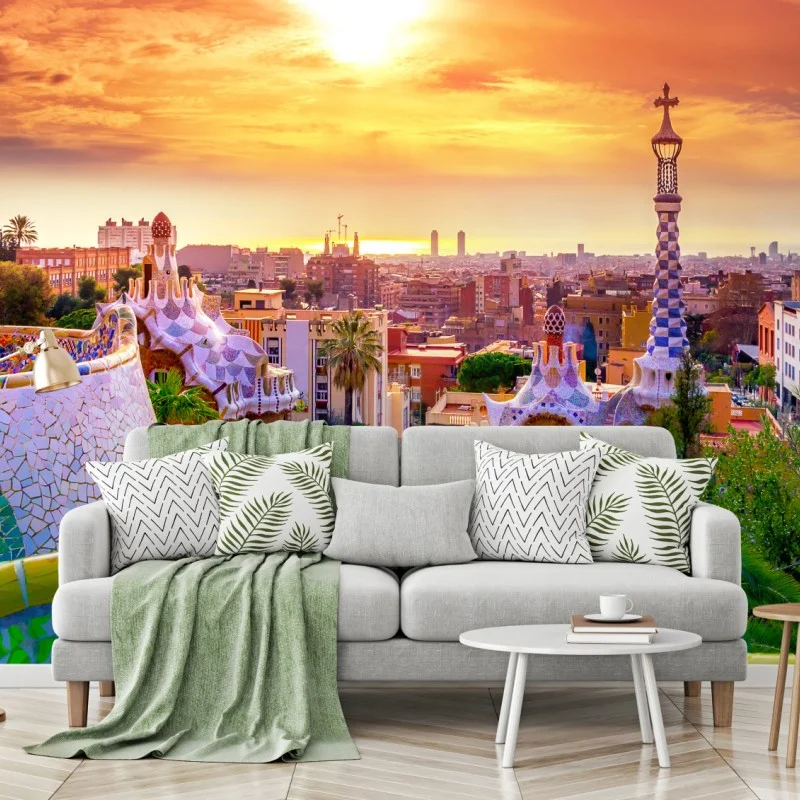 Fototapeta zachód słońca nad Park Güell w Barcelonie