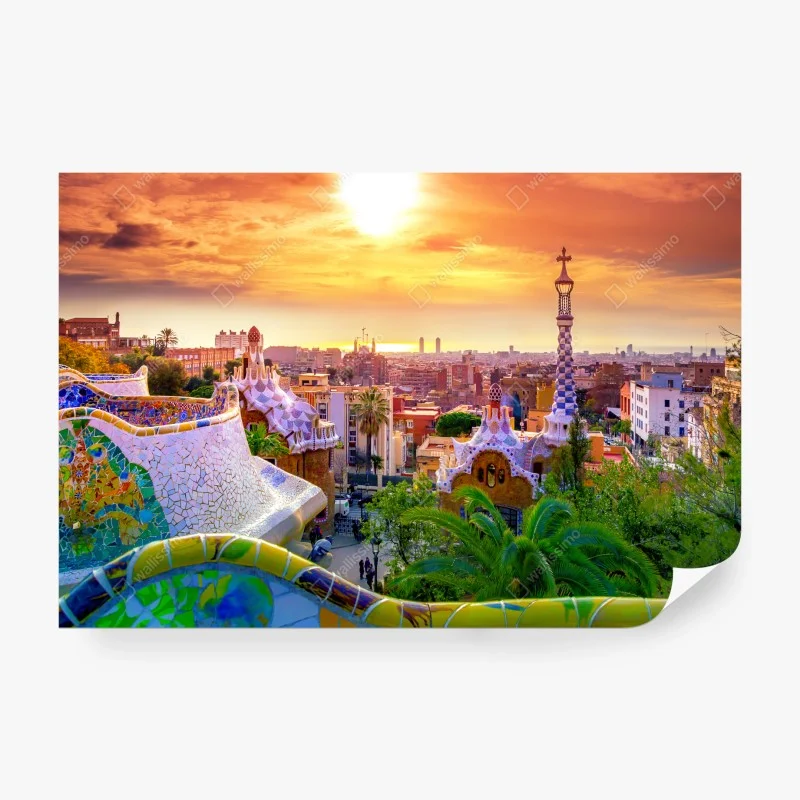 Fototapeta zachód słońca nad Park Güell w Barcelonie