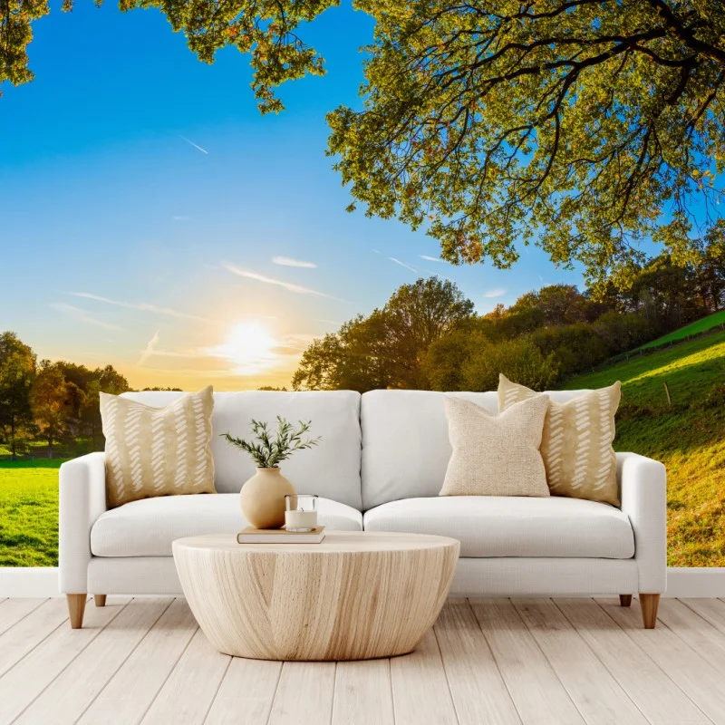 Fototapeta słoneczna łąka i wiejska droga o zachodzie słońca