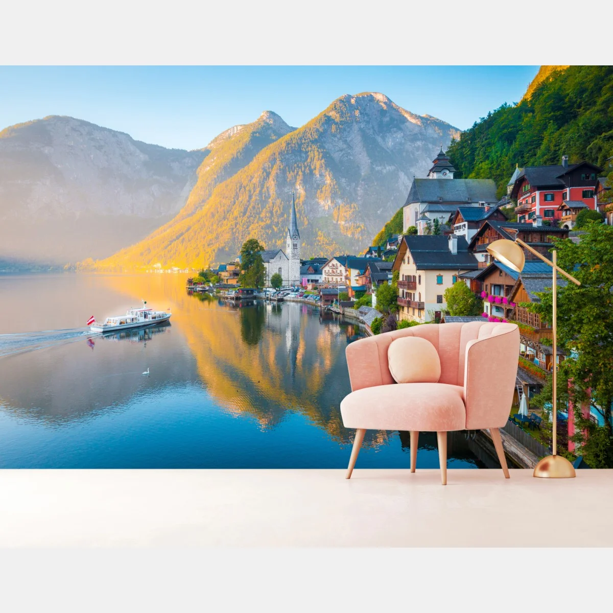 Fototapeta poranny blask Hallstatt nad jeziorem – Wallissimo® Fototapeta poranny blask Hallstatt nad jeziorem – Wallissimo®