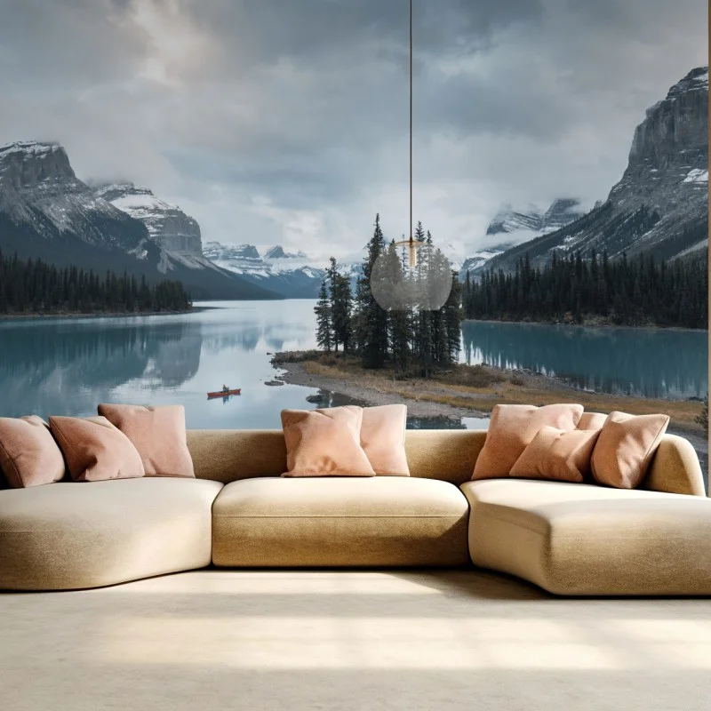 Fototapeta spokojne alpejskie jezioro z wyspą i kajakiem