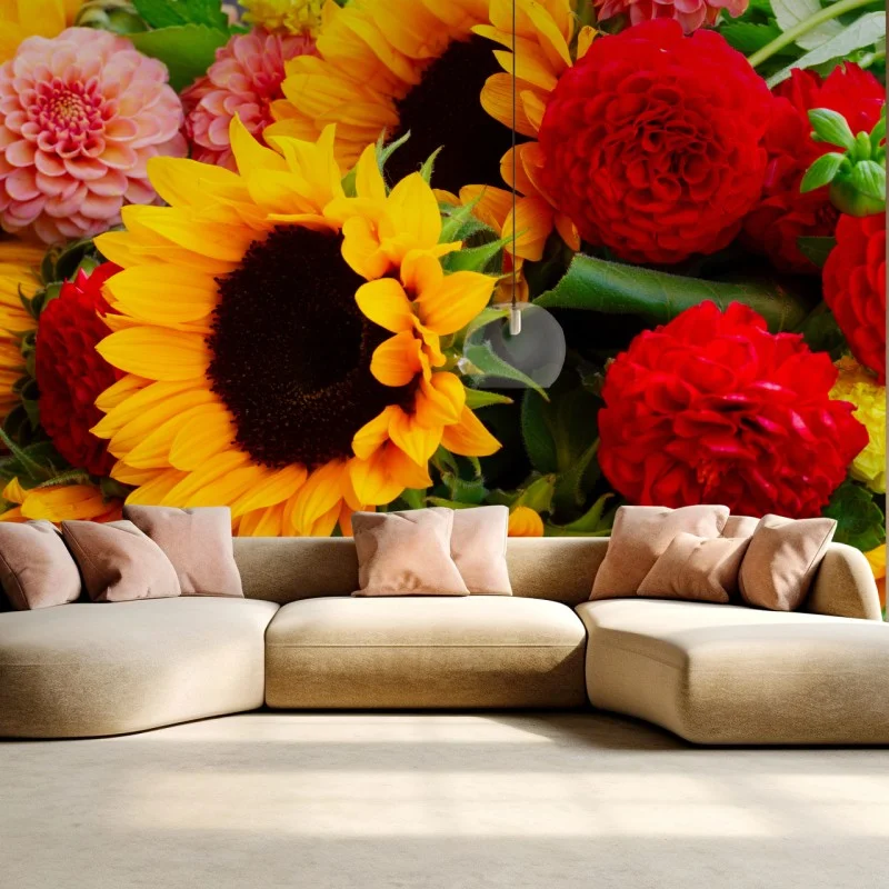 Fototapeta zbliżenie bukietu słoneczników i dali