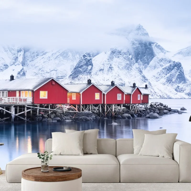 Fototapeta wschód słońca nad Lofotami i czerwonymi domkami