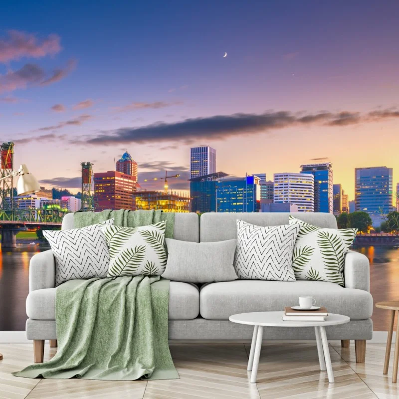 Fototapeta Portland panorama miasta o zmierzchu nad rzeką Willamette