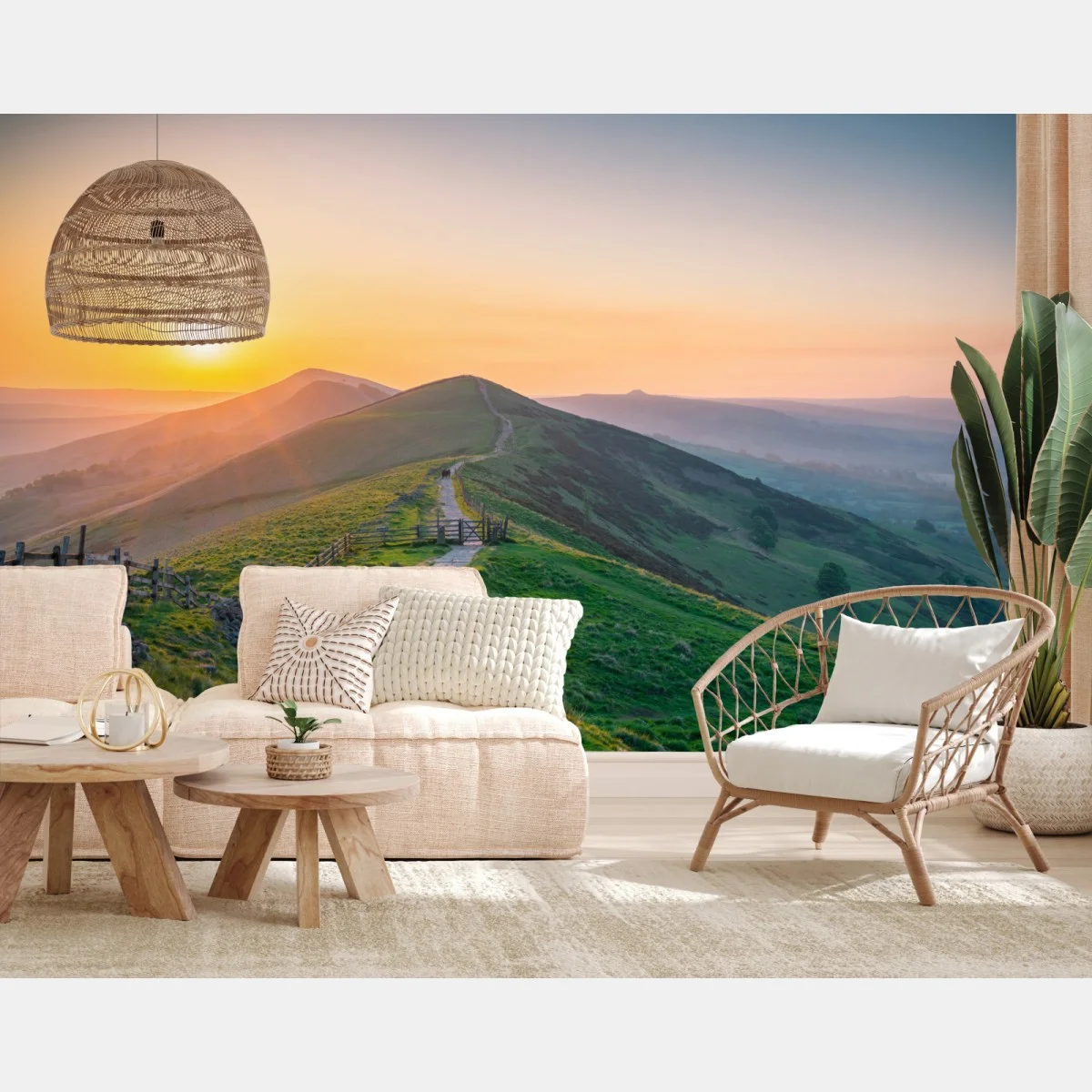 Fototapeta wschód słońca nad zielonymi wzgórzami z kamienną ścieżką – Wallissimo® Fototapeta wschód słońca nad zielonymi wzgórzami z kamienną ścieżką – Wallissimo®