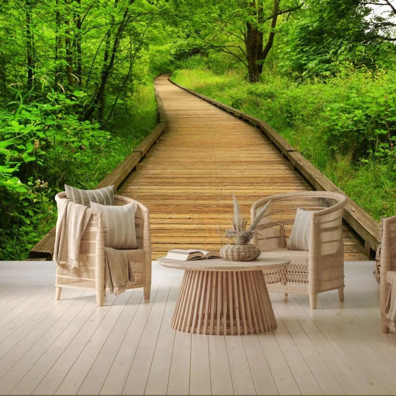 Fototapeta spokojny drewniany pomost w lesie