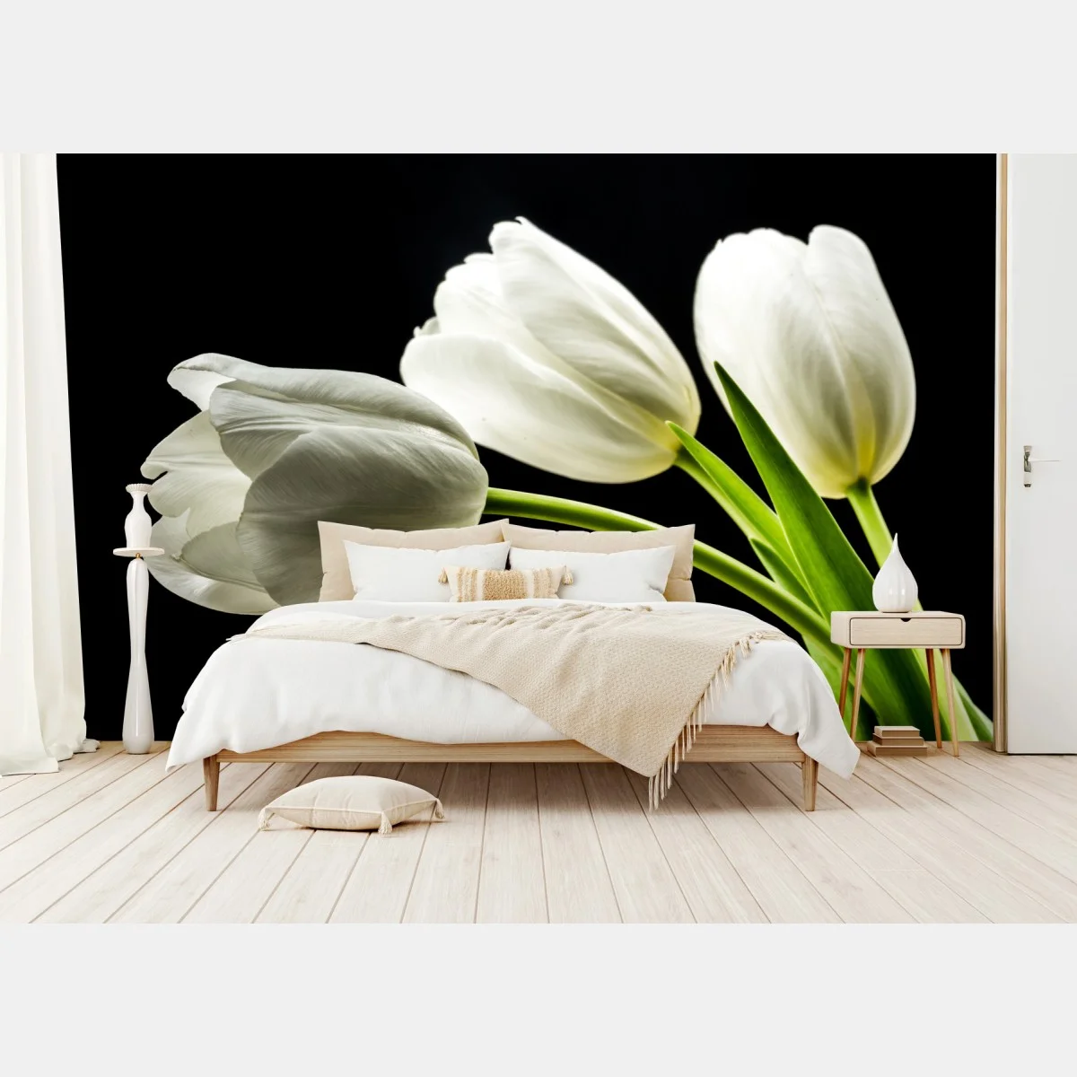 Fototapeta eleganckie białe tulipany na czarnym tle – Wallissimo® Fototapeta eleganckie białe tulipany na czarnym tle – Wallissimo®