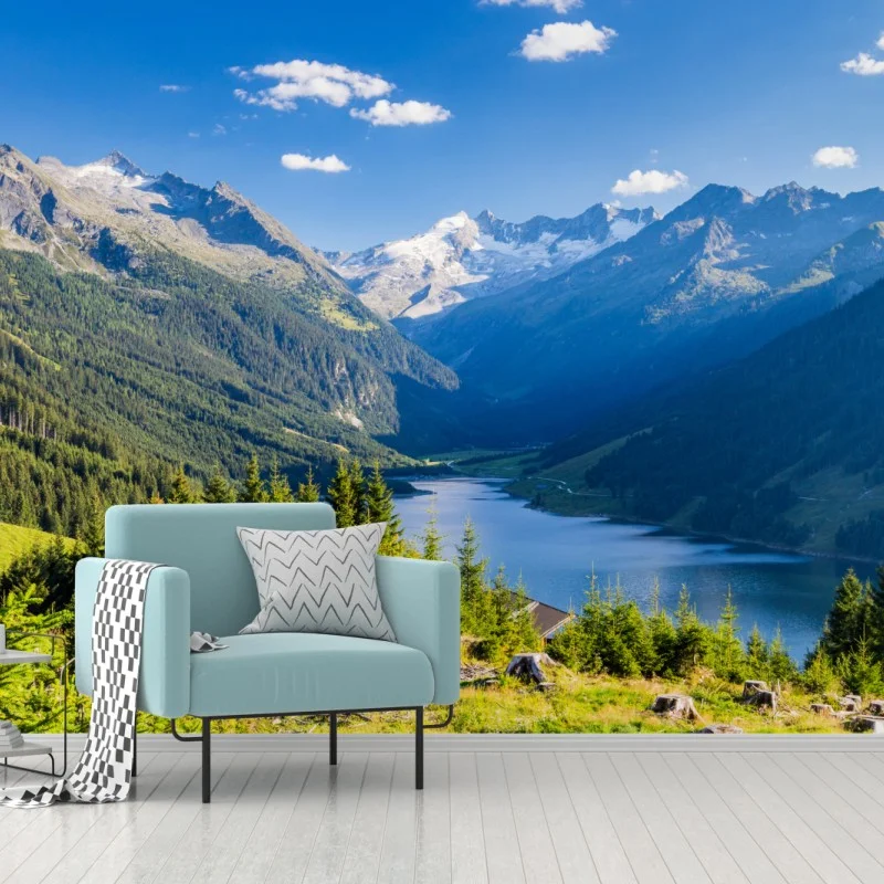 Fototapeta spokojna dolina z alpejskim jeziorem