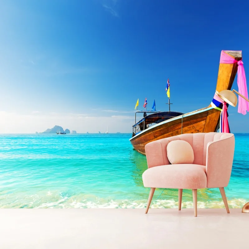 Fototapeta długa łódź na turkusowej plaży, Morze Andamańskie
