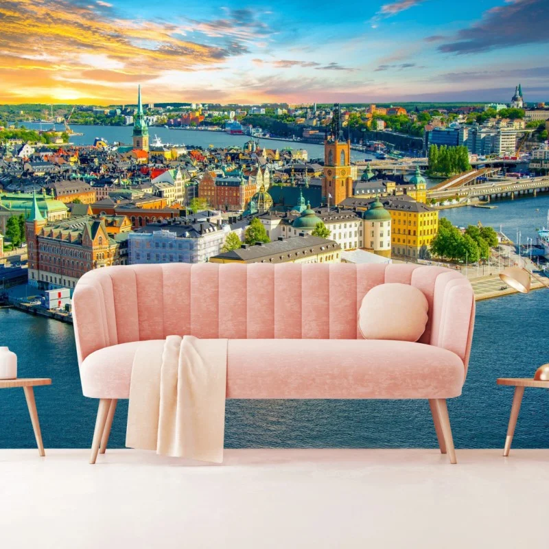 Fototapeta panorama Sztokholmu o zachodzie słońca