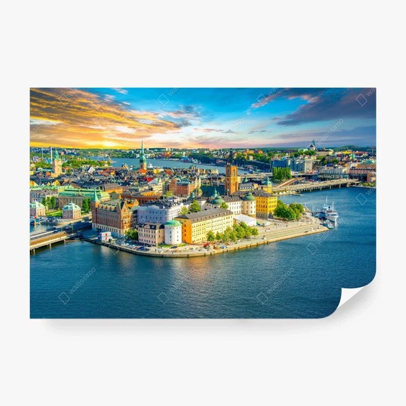 Fototapeta panorama Sztokholmu o zachodzie słońca