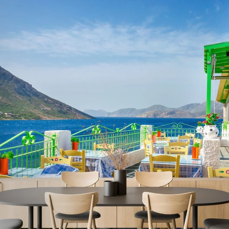 Fototapeta słoneczny taras nadmorski z widokiem na morze