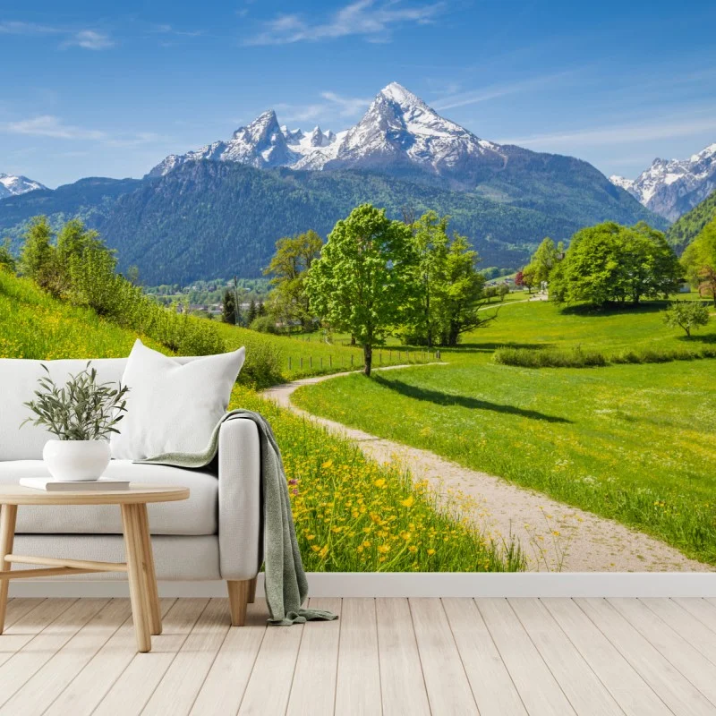 Fototapeta alpejska wiosenna łąka z ośnieżonymi szczytami