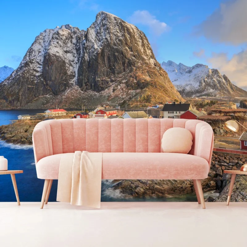 Fototapeta wioska nadbrzeżna w Norwegii z czerwonymi domkami