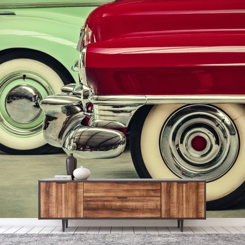 Fototapeta zbliżenie klasycznych samochodów w czerwieni i mięcie