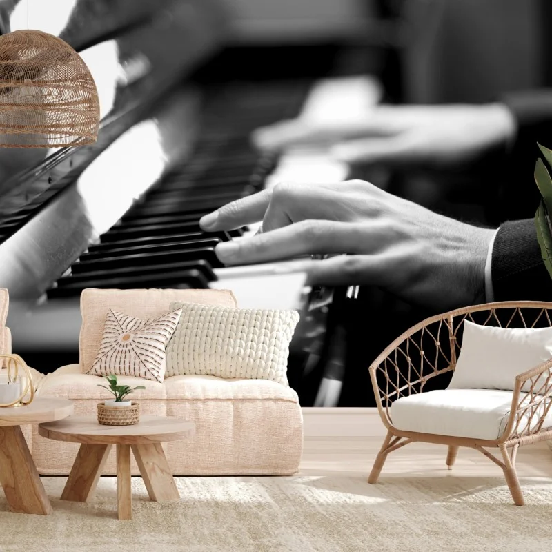 Fototapeta ręce przy klawiaturze fortepianu w czerni i bieli