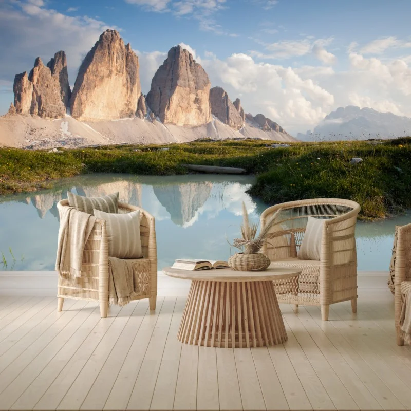 Fototapeta słoneczne alpejskie szczyty odbite w spokojnym jeziorze