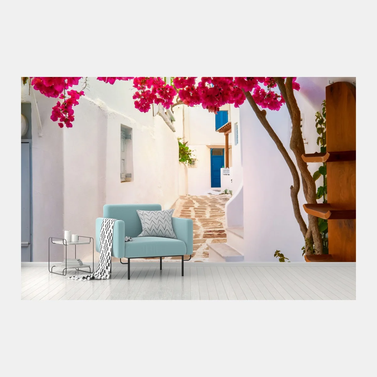 Fototapeta słoneczna uliczka grecka z bugenwillą – Wallissimo® Fototapeta słoneczna uliczka grecka z bugenwillą – Wallissimo®