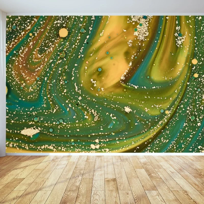 Fototapeta zielono-złota płynna marmurkowa grafika