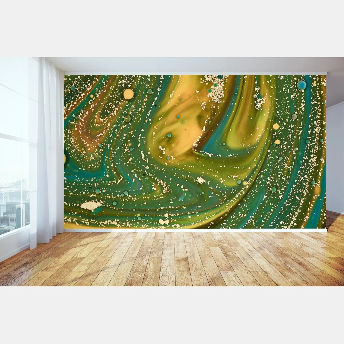 Fototapeta zielono-złota płynna marmurkowa grafika – Wallissimo® Fototapeta zielono-złota płynna marmurkowa grafika – Wallissimo®